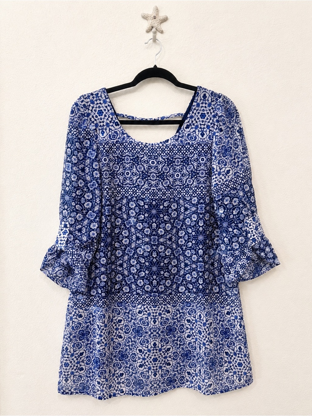 Speechless Blue and White Printed Peasant Dress